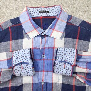 Bugatchi Uomo Shirt Mens Large Blue 100% Linen Flip Cuff Classic Fit Long Sleeve